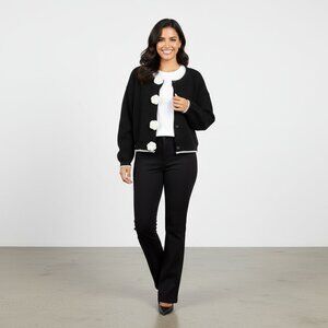 Lush Contrast Rosette Trim Cardigan Sweater NWT Black Med